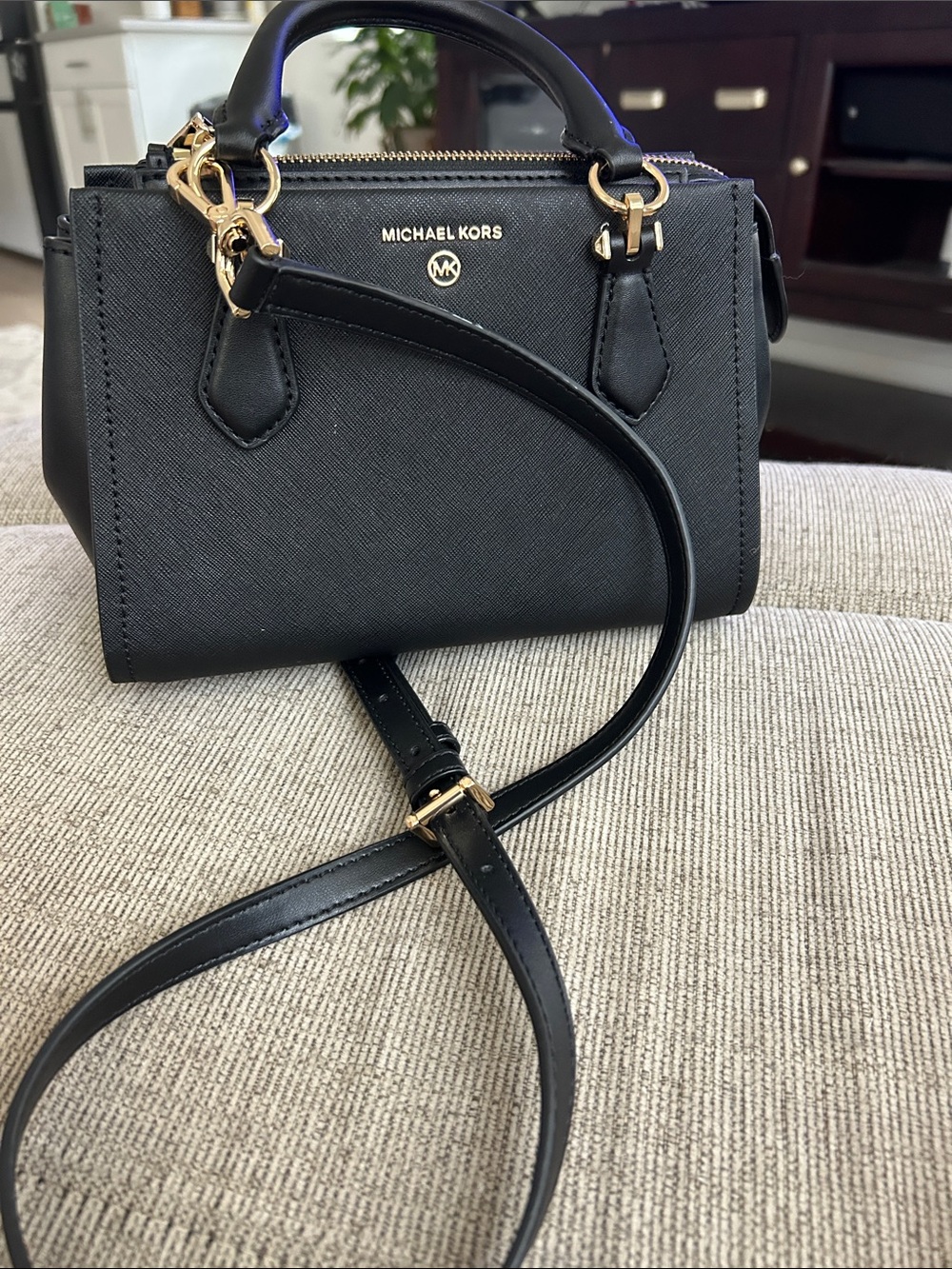 MICHAEL KORS Black Saffiano Mini Satchel with Gold Hardware